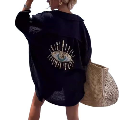 Image of XPONNI Long Sleeve Linen Button Down Shirt Women Oversized Sequin Evil Eye Shirts Dress Beach Cover Ups Summer 2024, Black, S