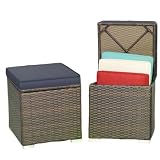 MEDIMALL Patio Wicker Ottoman Set of 2, Multipurpose Outdoor Footstool w/Removable Cushions, Rattan Side Table w/Storage, Footstool Ottoman Seat for Garden, Backyard, Poolside (Navy)