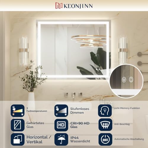 Keonjinn 60x90cm Badezimmerspiegel mit Beleuchtung, Beschlagfrei Badspiegel Beleuchtet mit Touch-Schalter… – Ansicht 3