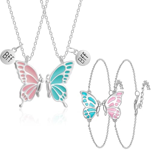 Vriendschapskettingen, BFF halsketting, 2 vlinderkettingen en 2 vlinderarmbanden, vriendschapsketting, verjaardagscadeau voor meisjes, kettingcadeau met hanger