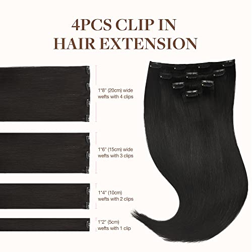 Image of GOO GOO Clip in Hair Extensions Real Human Hair, Remy Human Hair Extensions Clip ins for Women, Natural Human Hair, 16inch 65g 4Pcs, 1B Natural black