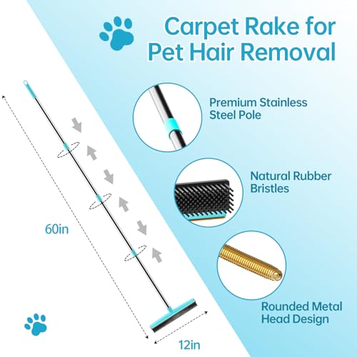 Image of Carpet Rake 60 inch Long Handle, Pet Hair Remover, Carpet Broom, 3Pcs | Metal Fabric Edge, Carpet Scraper, Rug Rake, Pet Hair Broom, Carpets, Rugs, Mats, Couch, Stairs, Pet Hair Removal Tool