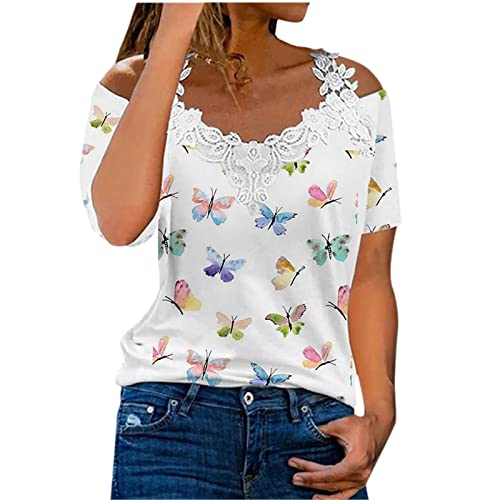 AMhomely Women Blouse Party Elegant Short/Long Sleeve Tops for Work UK Casual Off The Shoulder Lace Regular Fit Tops V-Neck Shirt Tops Business Office Top Ladies Loose Shirt Blouse for Spring/Summer
