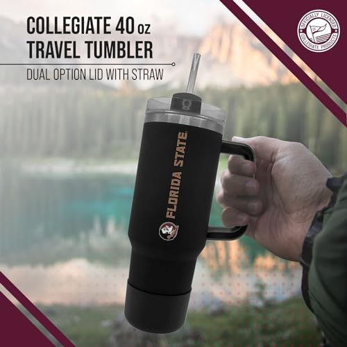 Image of Florida State Seminoles 40 oz Tumbler with Handle and Straw - Black | Officially licensed Florida State Seminoles insulated tumbler - Go Noles; vacuum-sealed stainless steel; straw included