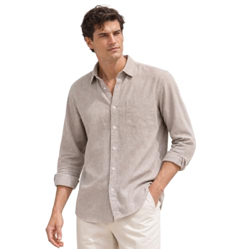 Image of Nobero Breezy Premium Linen Cotton Shirt for Men | Stylish Casual Shirts for Men | Semi Cut Collar | Box Pleat | Curved Hem | Regular Fit | Full Sleeve | S-XXXL