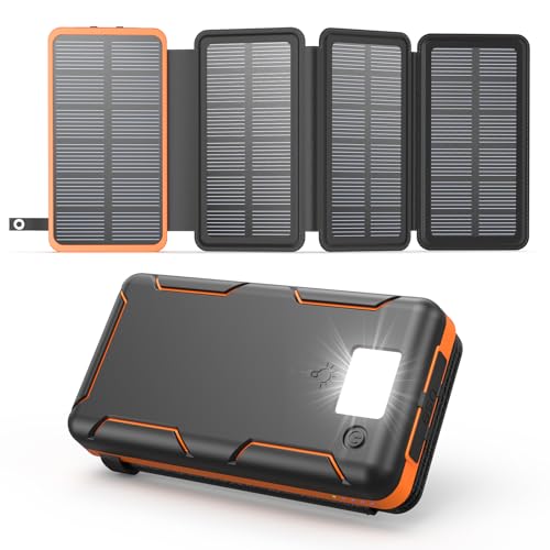 Cargador Solar Power Bank 25000mAh - A ADDTOP 3.0A Bateria Externa Carga Rápida con USB C – Bateria Portatil con 4 Paneles 3 Salidas - PD QC 3.0 PowerBank para Teléfono Tabletas LED para Camping