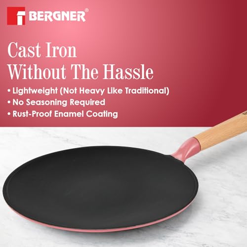 Image of BERGNER Excalibur Lightweight Cast Iron Roti Tawa 26cm, Sturdy Wooden Handle, Non-Stick Coating, PFAS Free, Perfect Heat Distribution, Elegant Design - Induction and Gas Stove Ready (Pink)