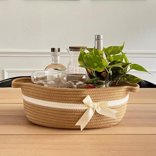 Image of Gift Baskets Empty, Small Woven Rope Storage Basket with Bow and Ribbons and Gift Wrap, Bowknot Decorative Gifts Basket with Handles, DIY Storage Organizer Basket for Wedding Graduation, Jute