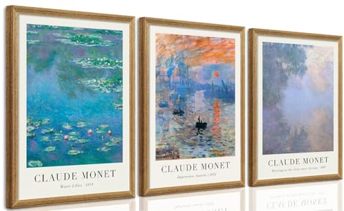 SYWENNOI 3 Pieces Wood Frames Vintage Canvas Wall Art, Claude Mon...