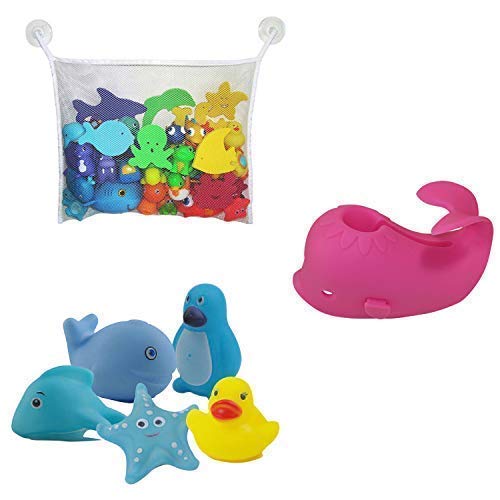 Kids Toy Storage Organizer | Bath Spout Cover | 5 Soft Silicone Bathtub Squirts | Pink Whale | Baby Safety Products