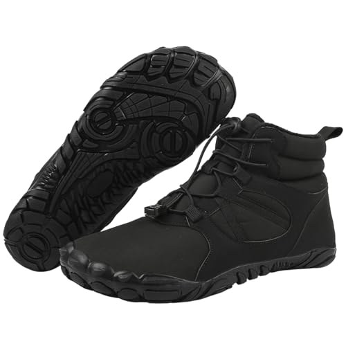 Winter Barefoot Boots Women Men Hiking Boots, Waterproof Warm Hike Barefoot Shoes, Non-Slip Zero Drop Snow Shoes, Fur Lined Wide Toe Walking Outdoor Footwear A-Black