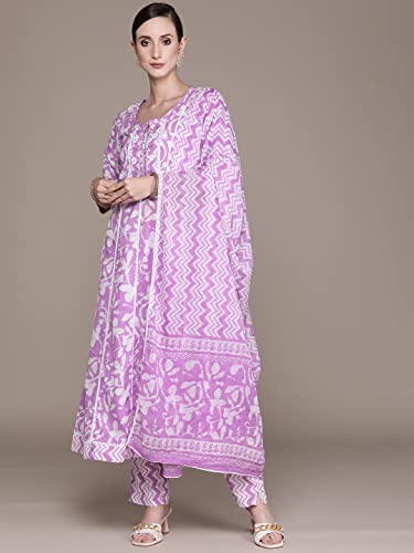 Image of ishin Women's Mauve Embroidered Anarkali Kurta with Trouser & Dupatta