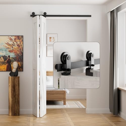 76.3cm/2.5FT Bifold Schiebetürbeschlag Schiebetüren Schiebetürsystem Komplettset Laufschiene Rollen Set Schwarz für 2 Holztür 35cm Top Mount T Rad