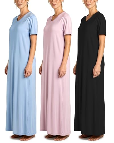 Image of Real Essentials 3 Pack: Women's Soft Maxi Long Nightshirt Short Sleeve Soft Nightgown Sleep Dress (Available in Plus Size)