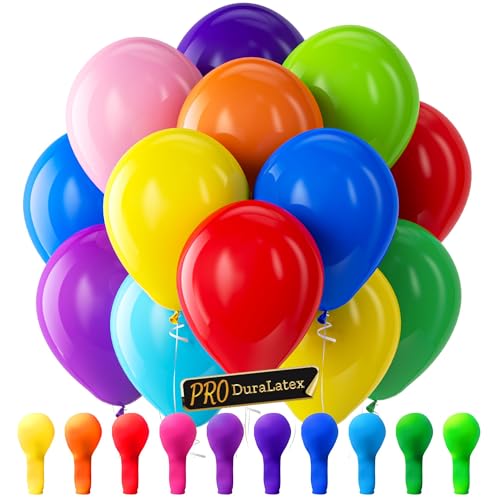 Image of Pro Duralatex Rainbow Extra-Thick Balloons 100 Pack 12 inch | Assorted Rainbow Balloons for Long-Lasting Professional Party Decorations, Large Birthday Baby Shower Wedding