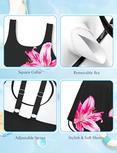Image of Girls Swimsuit One Piece Swimsuits Color Block Bathing Suit for Girls Adjustable Strap Padded Swimwear with Shorts