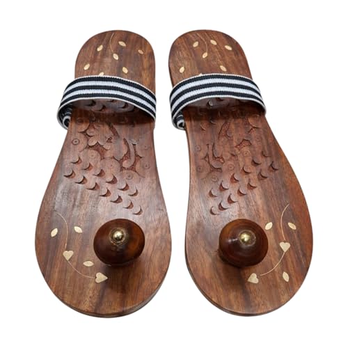 Image of Sheesham Wood Khadau Slippers with Rubber Straps | Wooden Khadau Chappal For Men and Women | Sheesham Wood | Pooja Room | Natural Brown (Standard)