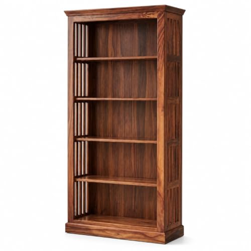 Image of Solid Sheesham Wood Bookshelf with Wooden Fanti Design and 5 Shelf Open | Wooden Bookcase Storage Rack for Living Room, Study Room & Office -Honey Finish