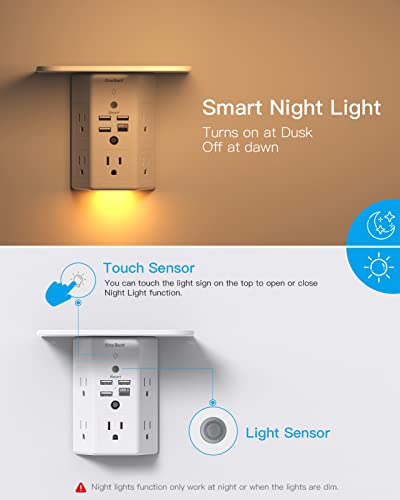 Multi Plug Outlets, Wall Outlet Extender With Night Light And Outlet Shelf, Surge Protector 4 Usb Ports(1 Usb C), Usb Wall Charger Power Strip Electric Outlet Splitter For Home Office #TOP1