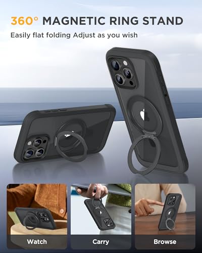 Image of Miracase for iPhone 15 Pro Max Case with 360 Magnetic Ring Stand [Compatible with Magsafe] Full-Body Drop Proof Bumper Phone Case with Built-in 9H Tempered Glass Screen Protector,Black
