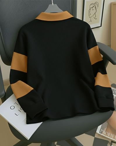 Image of Mens Stylish Half Zip Tshirt, Texture Striped Casual T-Shirt for Men, Formal Collared Neck Full Sleeves T-Shirt for Boys