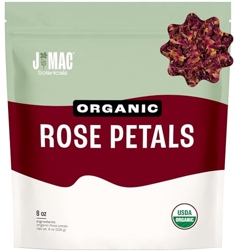 J MAC BOTANICALS Organic Rose Petals, (8 oz) Certified USDA Organic, Edible, Culinary Grade for Herbal Tea, Cooking and Crafts