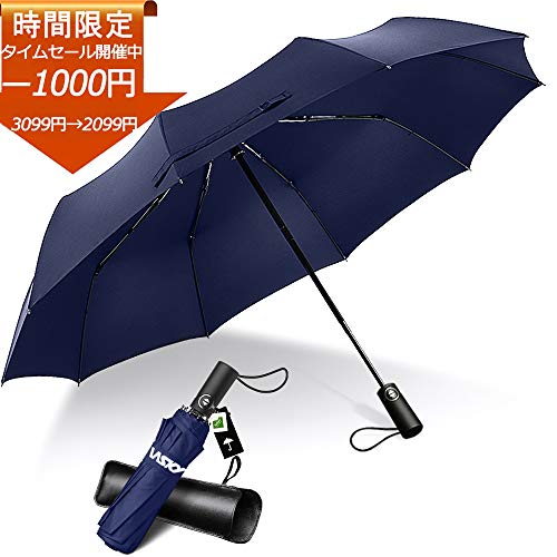 折りたたみ傘 自動開閉 大きい おりたたみ傘 メンズ 風に強い 10本骨耐風傘 折れにくい 頑丈な折り畳み傘 超撥水 210T丈夫なグラスファイバー 収納ポーチ付き (ブルー)