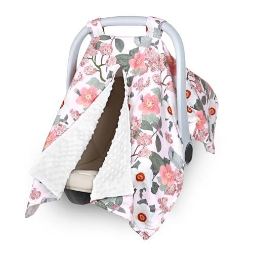 Image of TANOFAR Baby Carseat Canopy, Peekaboo Opening Car Seat Canopy for Babies, Soft and Breathable Infant Carrier Canopy, Multi-use Baby Carrier, Stroller, Nursing Cover, Minky Blanket, Retro Flower