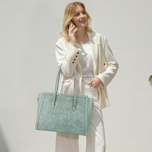 Image of MOSISO Laptop Bag for Women, PU Leather Tote Bag, Front Embossed Retro Hibiscus Computer Bags with Silk Scarf&Clutch Purse
