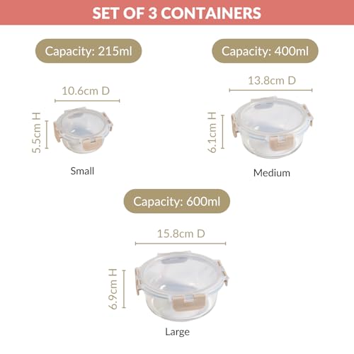 Image of Nestasia Nestro Airtight Glass Containers with Lid Set of 3 (215ml, 400ml, 600ml) | Spill Proof Round Glass Containers with Break Free Lock - Microwave, Dishwasher & Freezer Safe (Beige)