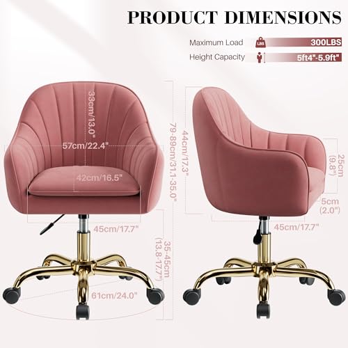 Image of Vanity Chair with Wheels, Comfy Home Office Desk Chairs Adjustable Modern Velvet Makeup Vanity Chairs for Bedroom Living Room-Dusty Rose