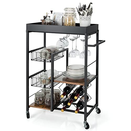 Giantex Kitchen Island Cart on Wheels Mobile Bar Serving Cartwith Removable Top Tray Wine Rack Glass Holder Industrial Wood and Metal Storage Islands Trolley Industrial