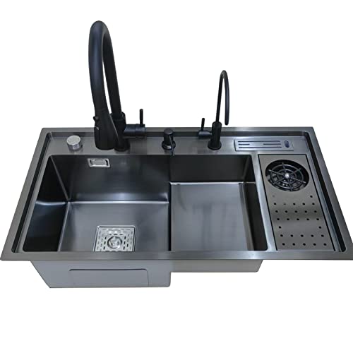 Évier De Cuisine en Acier Inoxydable 304 avec Rince-Verre Et Robinet, Monocuvette Évier De Bar Étagé Grand Évier De Poste De Travail De Cuisine Encastré...