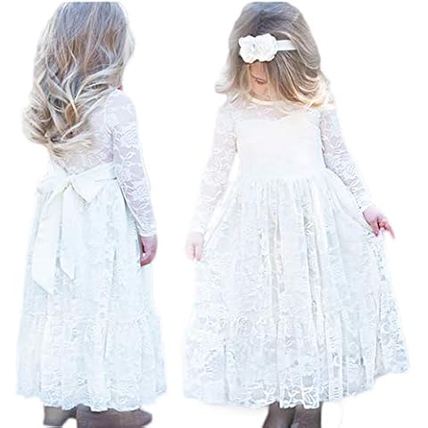 CQDY Flower Girls Dresses for Weddings Girls Flower Lace Dress Flower Dress Pageant Bridesmaid Christening with Big Bow 2-13years Off-White Cover
