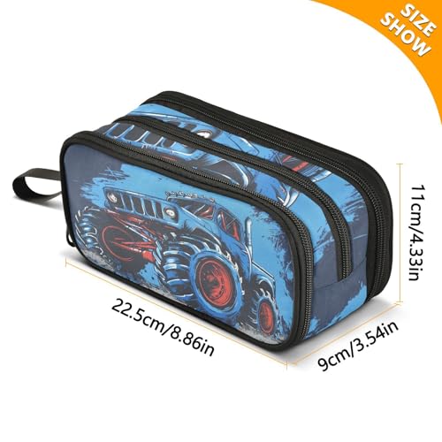 Image of Truck Blue Pencil Case Box Boys Girls Large Pencil Pouch with Zipper Compartments Big Capacity Stationery Pen Bag Organizer for Kids Teens Adults School