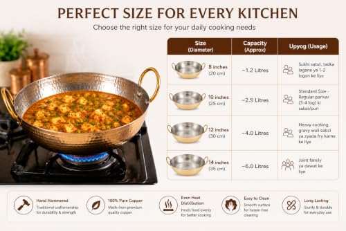 Image of Brass Kadai 2000 ml,Pure Brass kadai for Kitchen use and Cooking & Serving
