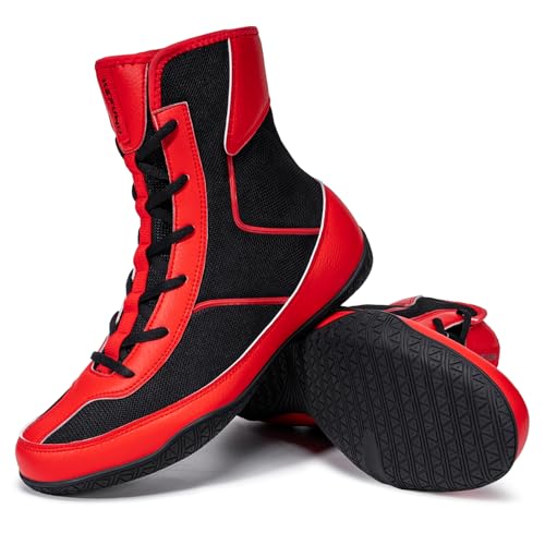 KEFUWU Wrestling Boxing Boots Wide for Men High Top Breathable Lightweight Non-Slip for Competition & Training(8 Men Black Red)