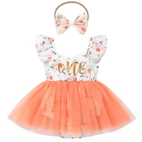 FYMNSI Newborn Baby 1st Birthday Girl Outfits Flutter Sleeve Smocked Floral Tulle Romper Tutu Dress Headband Summer Clothes