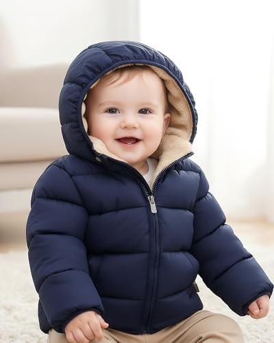 JiAmy Baby Winterjacke Jungen Mädchen Gefüttert Warm Abnehmbarer Kapuzen Steppjacke Kleinkinder Winddicht Outdoor Winter Mantel Oberbekleidung für 4-5 Jahre, Navy Blau