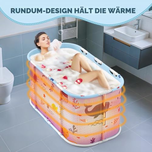 Faltbare Badewanne für Dusche, 92L x57W x 56H cm, freistehende Badewanne mit Sitz, Warmwasserdusche, Eisbad, Sauna, Massagewanne, tragbares Eisbad für Erwachsene (hellblau Ozean-Stil)