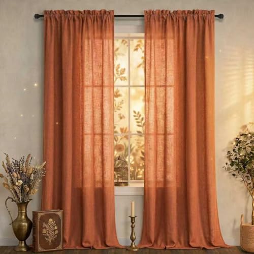 Burnt Orange Linen Sheer Curtains Whimsical Sunset Glow Light Filtering Drapes Retro Mid Century Modern Casual Rod Pocket Boho Window Curtain for Bedroom Living Room 84 Inch Long 2 Panels