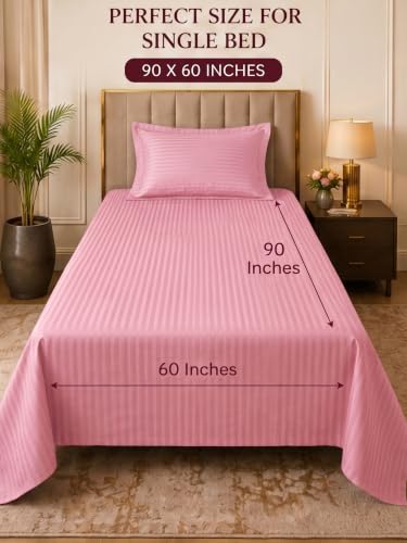Image of Mafatlal 210 TC Italian Stripe Single Bedsheet Set with Pillow Cover (60 x 90 Inches) | 100% Cotton | Hotel Collection | Soft Breathable Flat Bed Sheet | Blush Pink