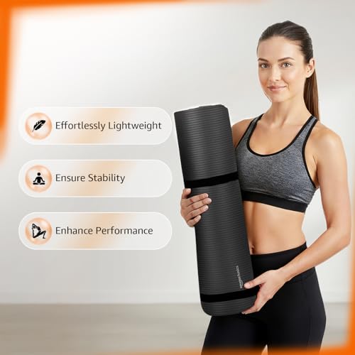 Image of Amazon Basics NBR Yoga & Exercise Mat with Carrying Strap | 10 mm Thick Cushioned Support | Non-Slip Textured Surface | Durable Foam Rubber Material | Floor Protection | Ideal for Yoga, Pilates & Home Workouts | 183 x 61 cm | Black