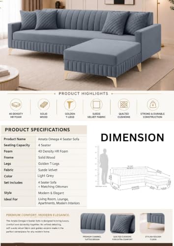 Image of AMATA Falcon 4 Seater L Shape Suede Velvet Fabric lightgrey Colour Sofa Set with Two Cushions Perfect for Home Office Guests Living Room (Falcon lightgrey, Falcon 4 Seater l Shape)(3 Year Warranty)
