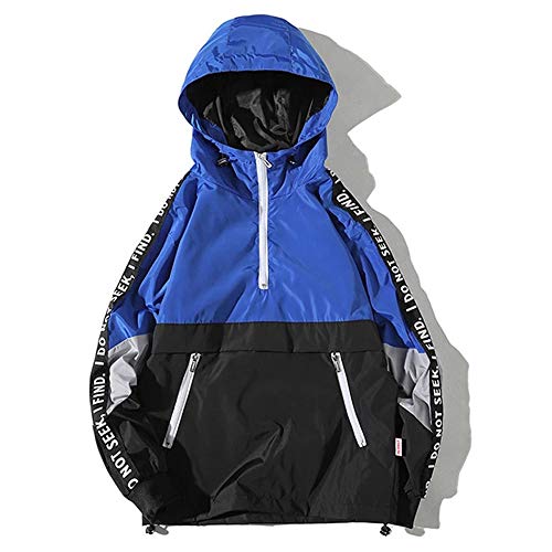 KASOLY Mens Jackets Couple wear Pullover Contrast Half Zipper Graphic Striped Hooded Waterproof Lightweight Windbreaker Coat Blue