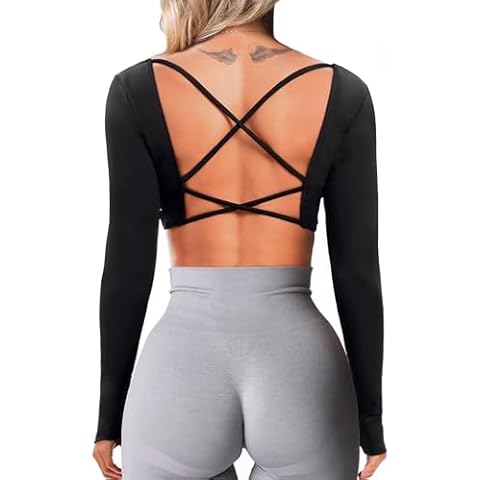 TZLDN Womens Long Sleeve Workout Crop Tops Twist Front Low Impact Gym Yoga Padded Sport Compression Shirts Black - Medium Cover