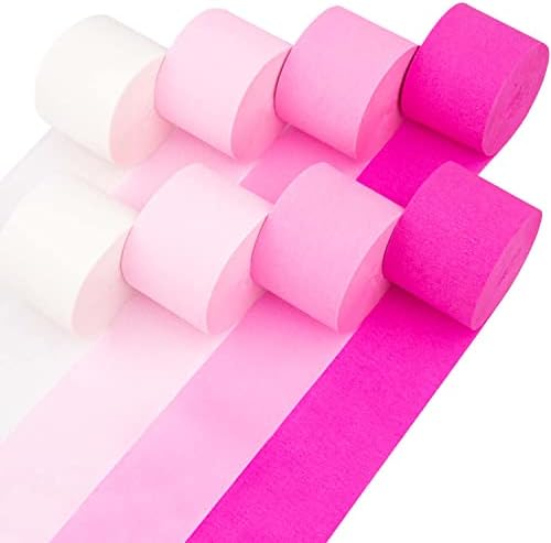 8 Pack Pink & White Crepe Paper Streamers Rolls, 656ft Value Pack Party Decoration Streamers – Each Roll 82 ft Long & 1.8” Wide – Wonderful Colored Streamers for Birthday, Party, Wedding Decorations