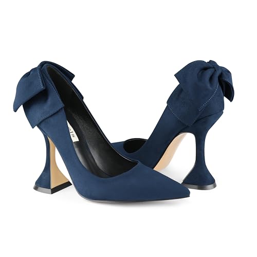 Image of Zzheels Women's Bow Heels Pointed Toe Chunky Pumps | Back Bow, Flare Heels, Block Heels, Bridal Wedding Shoes