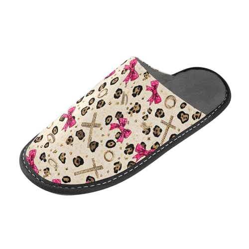 Slippers for Women Leopard Print Pink Bow Pattern Brown Soft Winter Warm Shoes Indoor Outdoor Non-Slip House Travel Slippers2