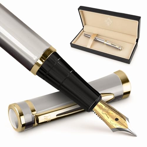 Image of Wordsworth & Black Fountain Pen Set for Writing,Extra Fine Nib, Silver | Gift for Men & Women, Brass Body, 18K German Iridium, Calligraphy, Converter + 24 Ink Cartridges, Refillable, Leak-Free